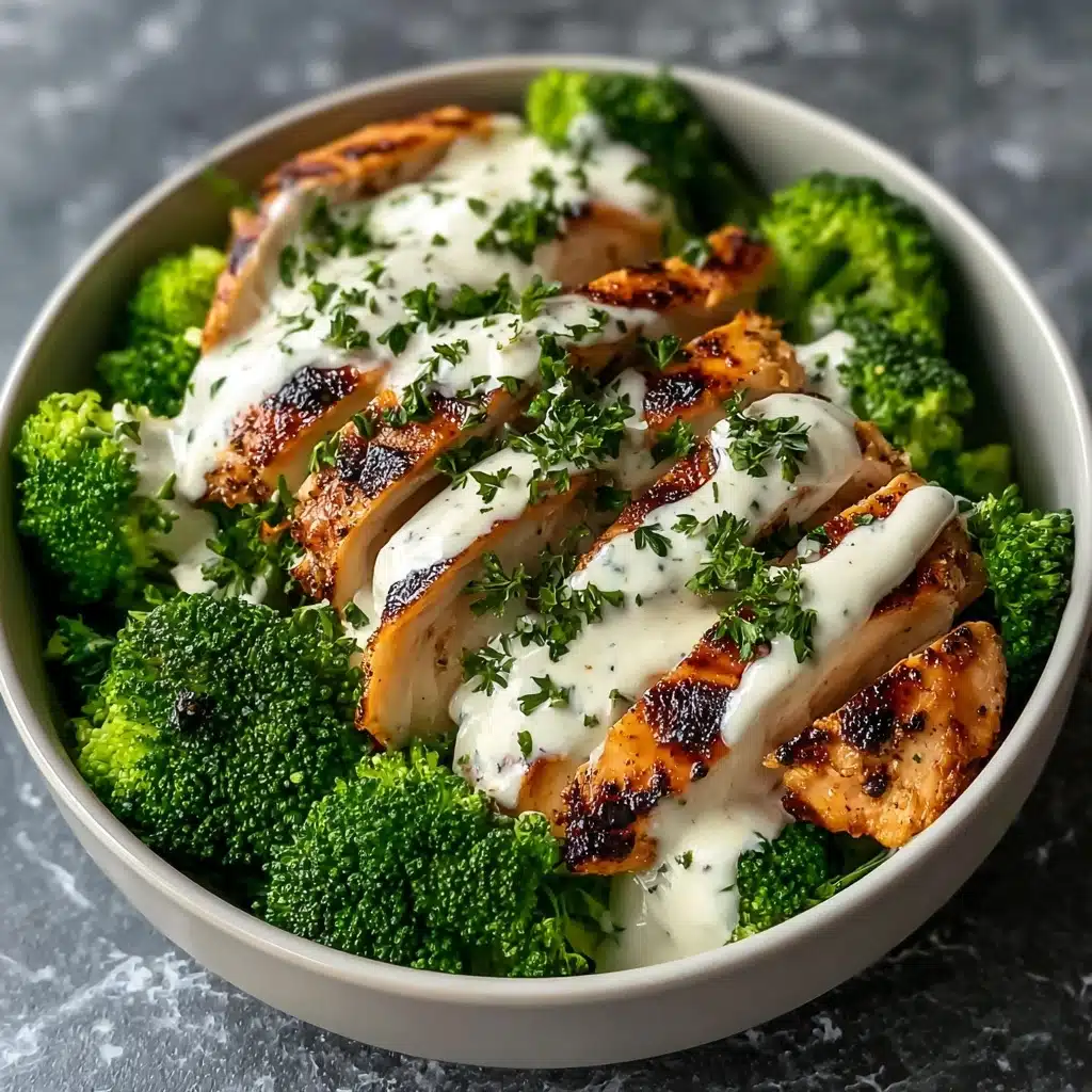 Grilled Chicken & Broccoli Bowls with Creamy Garlic Sauce Recipe - Recipe Image