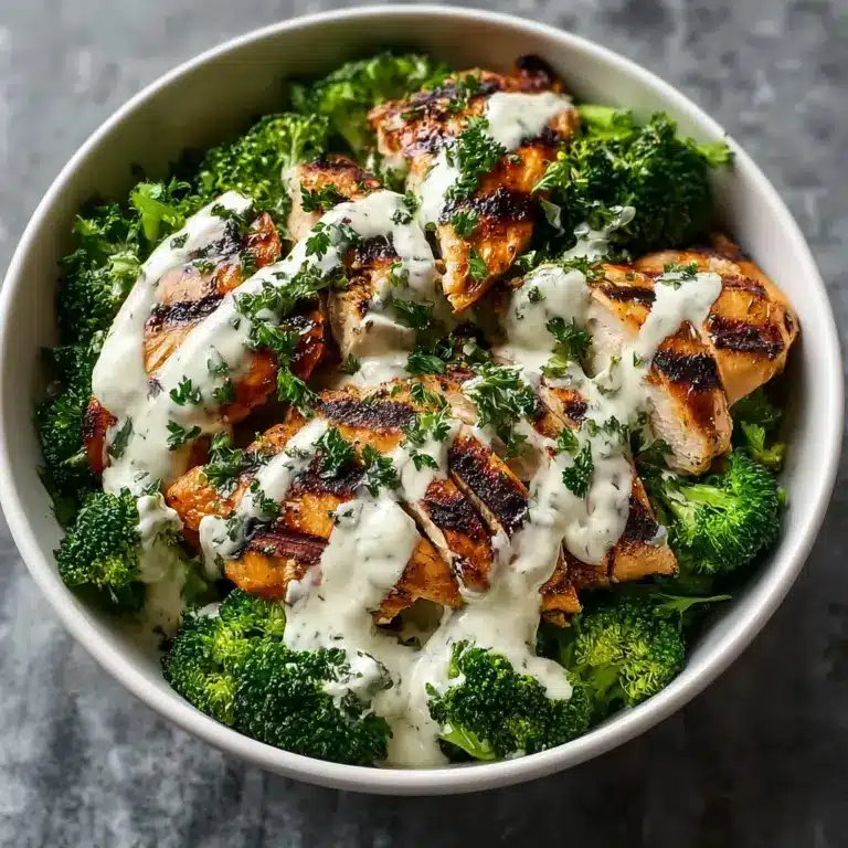 Grilled Chicken & Broccoli Bowls with Creamy Garlic Sauce Recipe