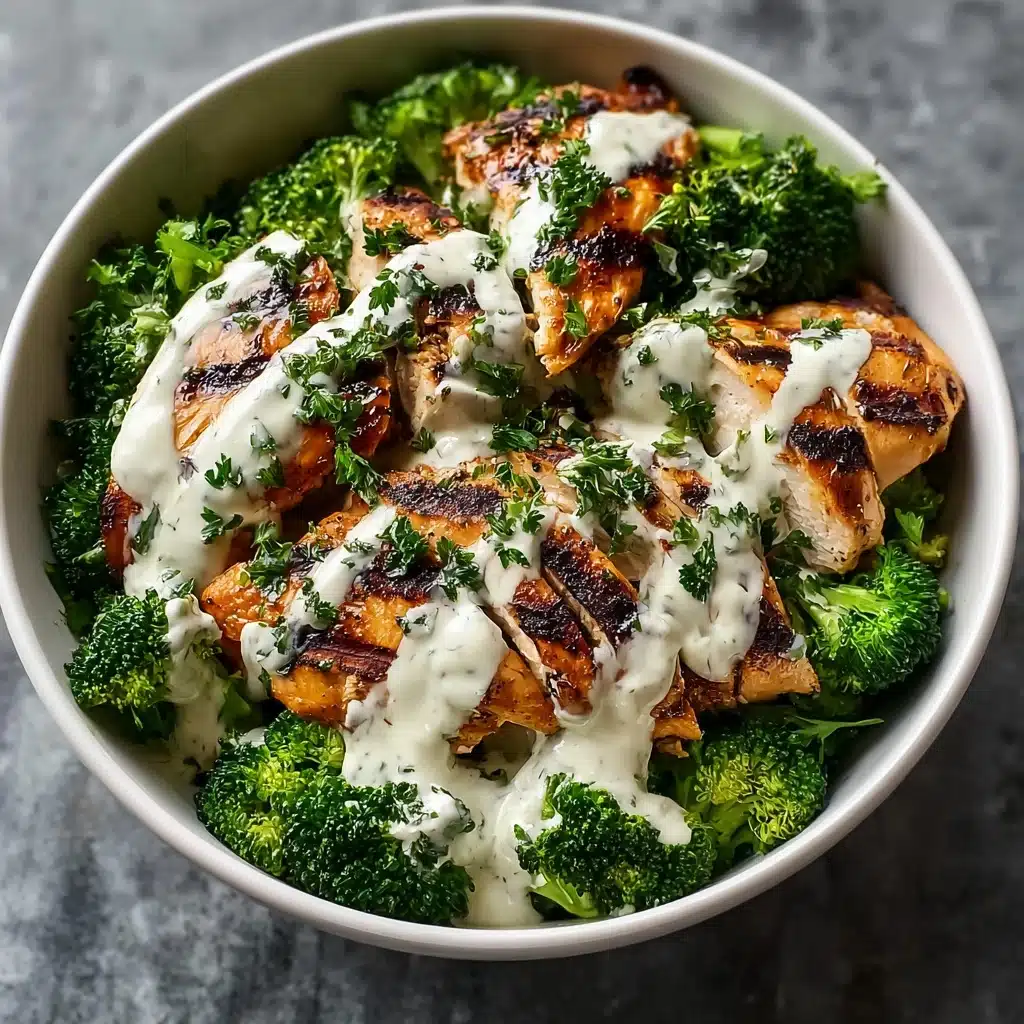 Grilled Chicken & Broccoli Bowls with Creamy Garlic Sauce Recipe - Recipe Image