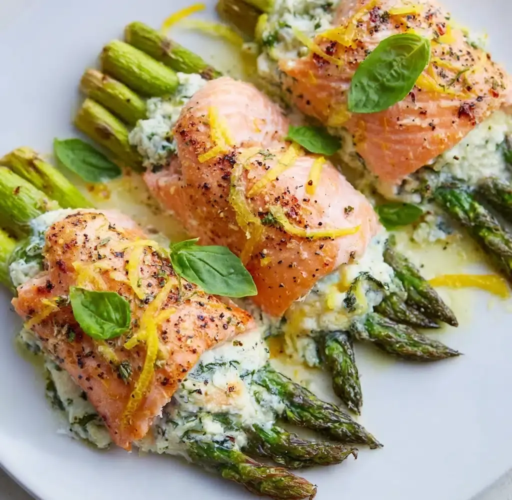 Asparagus and Lemon and Basil Ricotta Stuffed Salmon Rolls with Lemon Sauce