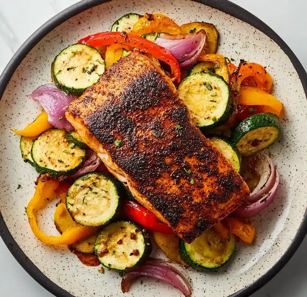Blackened Salmon with Charred Vegetables Recipe
