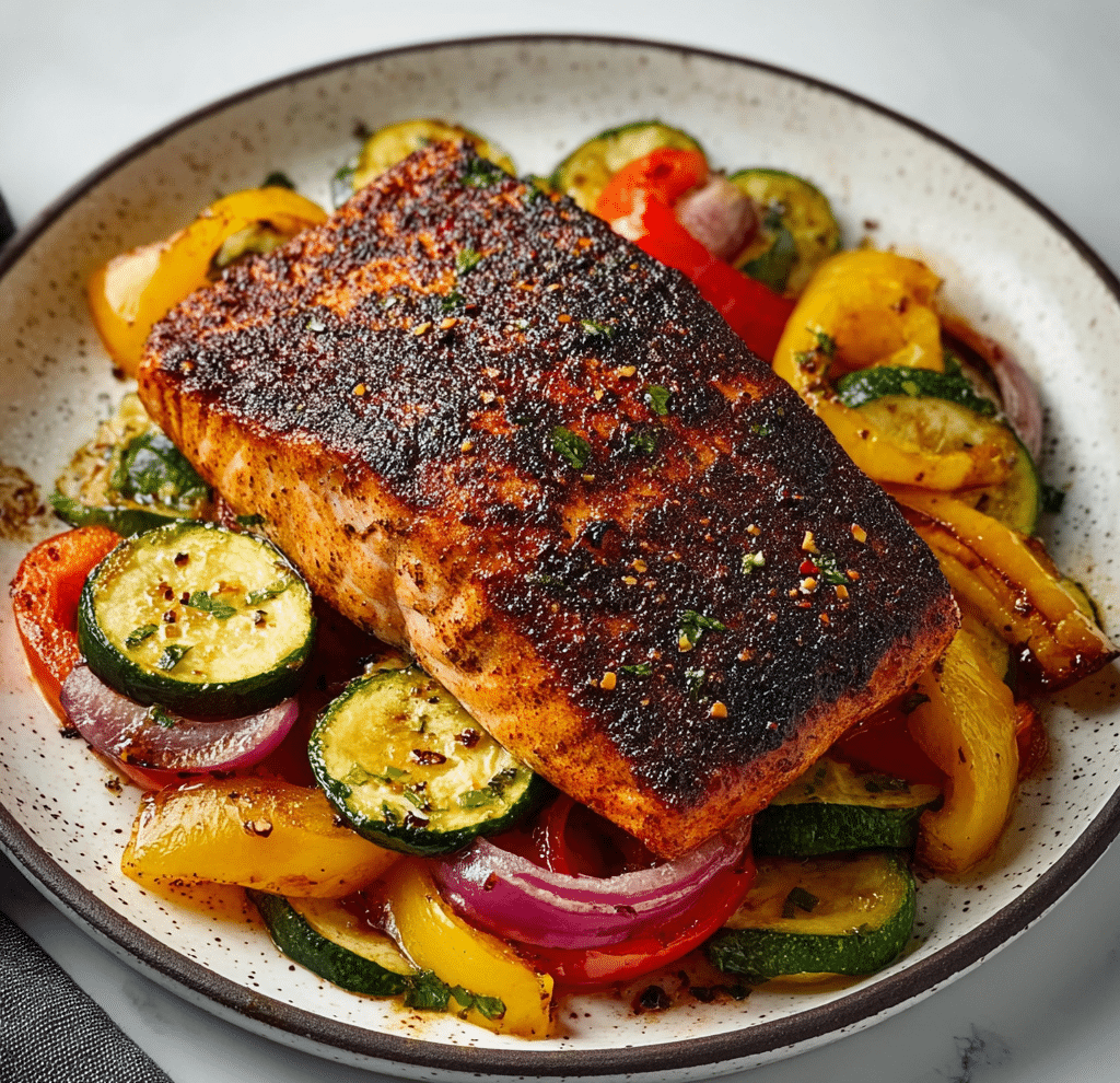 Blackened Salmon with Charred Vegetables Recipe
