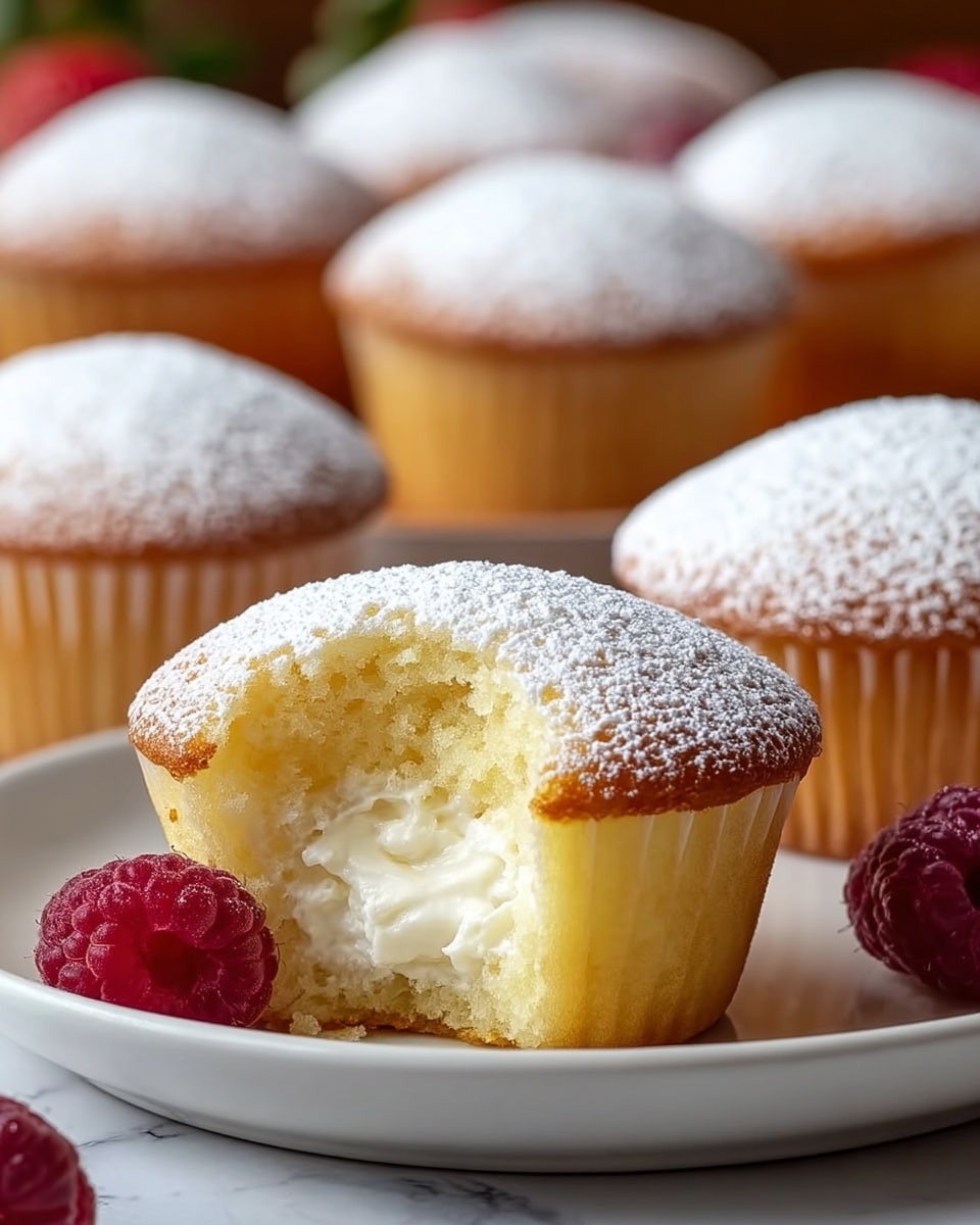 A close-up of soft vanilla cupcakes arranged on a white plate, each cupcake in a white paper liner showing a fluffy light yellow cake base, topped with a slightly browned dome-shaped top dusted with a thick layer of fine white powdered sugar. The cupcakes are neatly spaced, with the foreground cupcake sharply in focus and the rest softly blurred, all placed on a white marbled surface. Photo taken with an iphone --ar 4:5 --v 7