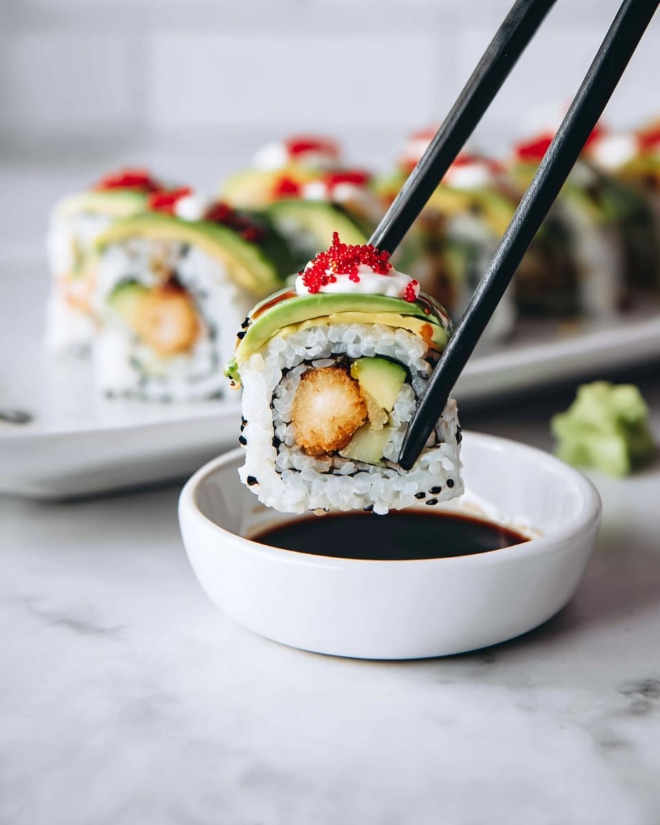 A close-up of a sushi roll being held by black chopsticks, with layers including a white rice outer layer speckled with black sesame seeds, a thin dark seaweed layer inside, and a crispy golden brown tempura shrimp center wrapped with a small green cucumber slice. The sushi roll is topped with thin pale green avocado slices, a small dollop of white creamy sauce, red fish roe, and tiny black sesame seeds. The sushi rolls are arranged on a white rectangular plate in the background on a white marbled surface. In front, a small white bowl filled with dark soy sauce sits below the chopsticks. A small dollop of green wasabi is faintly visible to the right on the surface. photo taken with an iphone --ar 4:5 --v 7