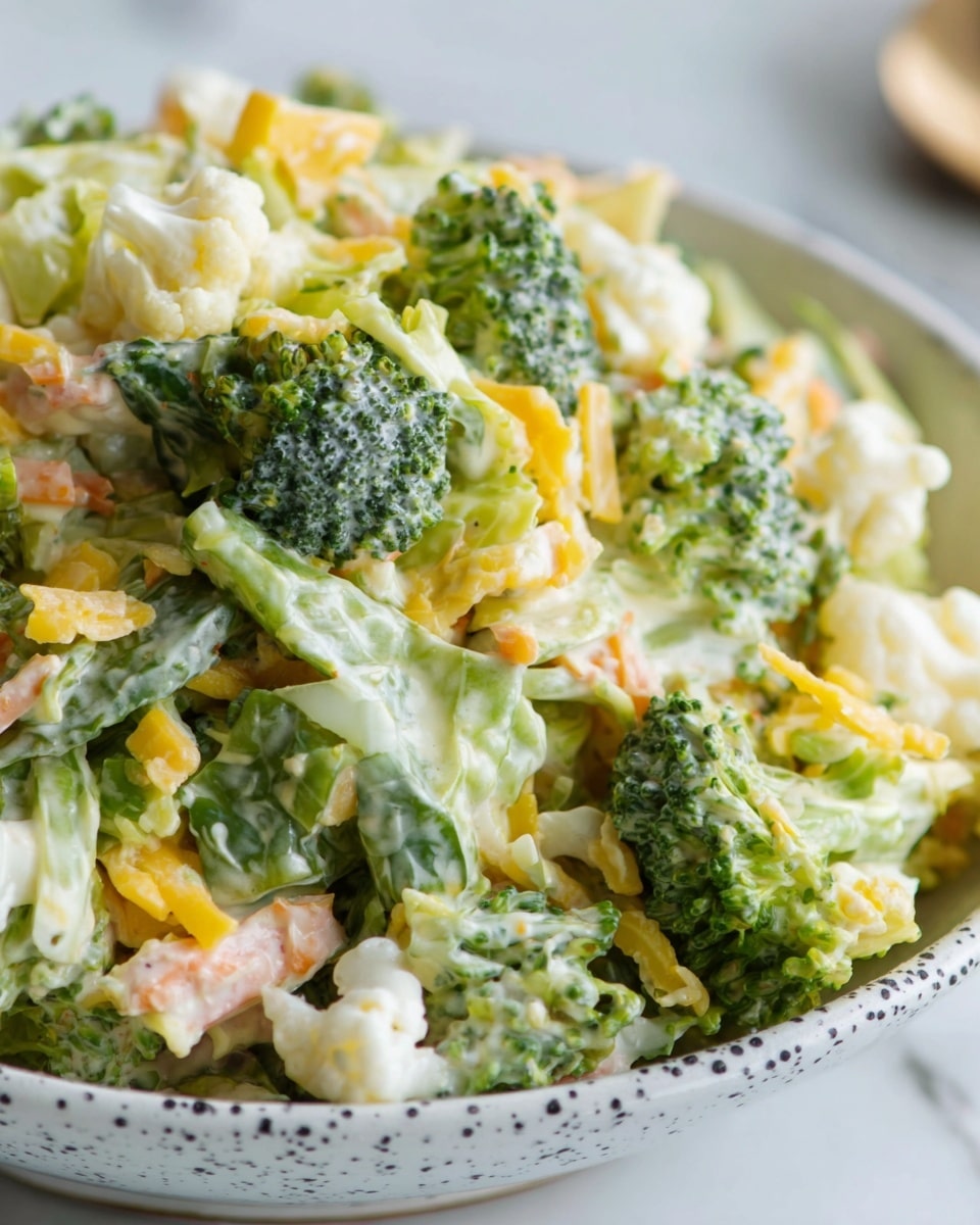 The image shows a close-up of a broccoli salad with several layers and colors. The top layer is bright green broccoli pieces with a rough texture, mixed with pale yellow shredded cheese and small bits of orange carrot. Below, there are leafy green cabbage pieces with a slightly crunchy look, and small white cauliflower florets adding a soft texture. Everything is coated in a creamy dressing that looks smooth and glossy. The salad is inside a white bowl with black specks around the rim, placed on a white marbled surface. Photo taken with an iphone --ar 4:5 --v 7