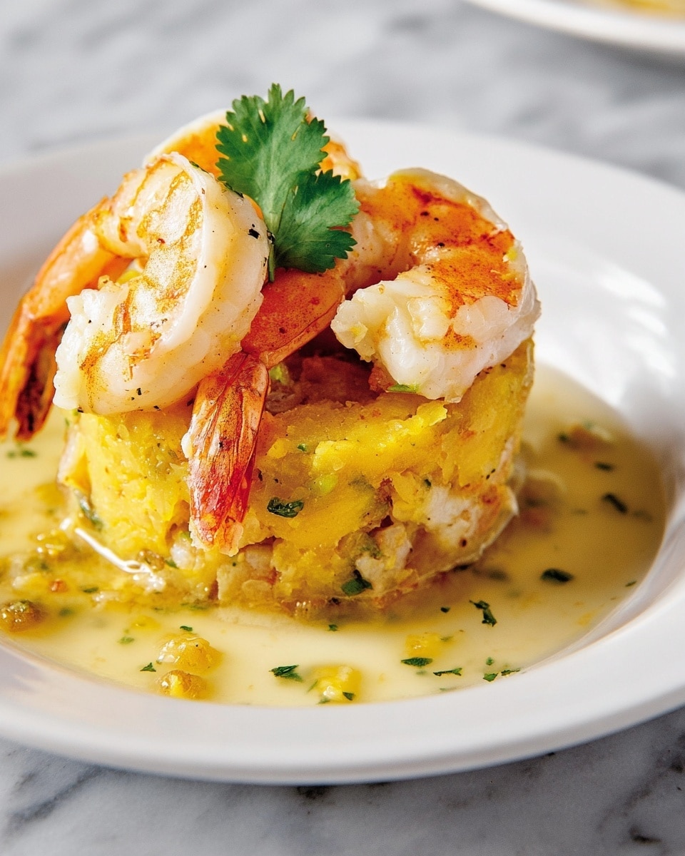 A white plate sits on a white marbled surface holding a stack of golden-brown fried food at the bottom, topped with three pink and orange shrimp arranged in a vertical pile. A creamy, speckled light-yellow sauce with green herb pieces is being poured over the shrimp and fried base, flowing down the sides and pooling slightly on the plate. Small green herb bits are sprinkled on the sauce and around the plate, adding color contrast. Photo taken with an iphone --ar 4:5 --v 7