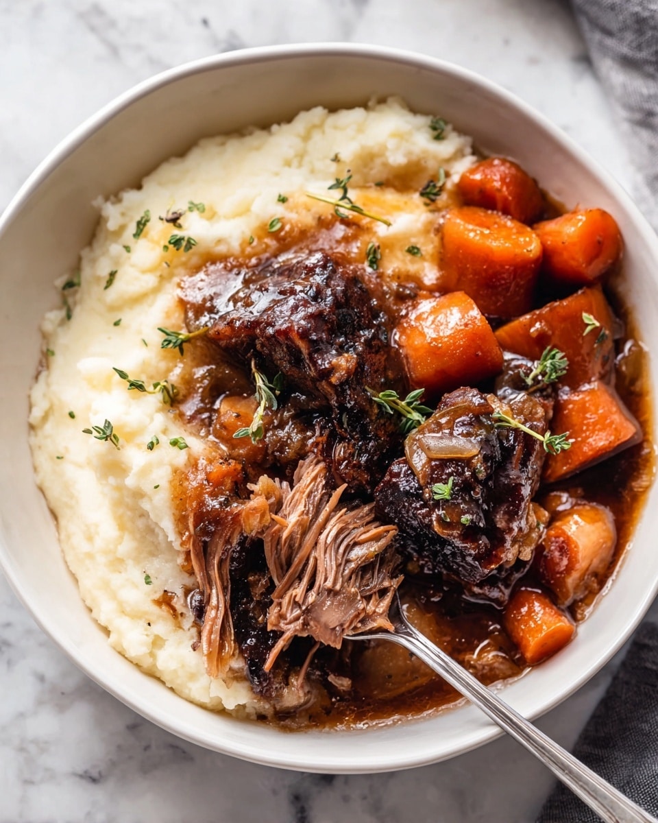 A white bowl filled with creamy mashed potatoes forming the bottom layer, smooth and pale yellow in color with soft ridges around the edges. On top, two dark brown braised beef pieces with a rich, glossy texture sit close together in the center. The beef is covered with a thick brown gravy that has chunky orange carrots and light green celery pieces scattered evenly over the meat. Small fresh green herb leaves are sprinkled on top for a touch of color. A gold fork rests angled in the background inside the bowl, all placed on a white marbled surface. Photo taken with an iphone --ar 4:5 --v 7