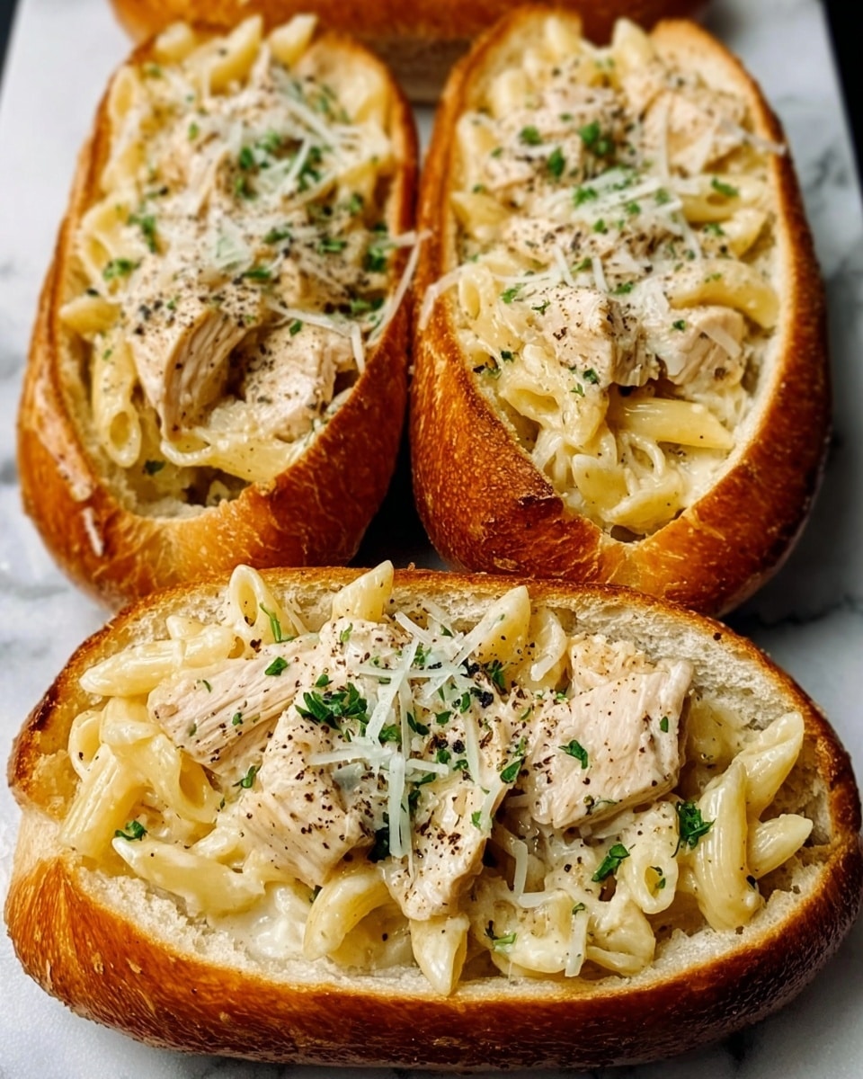 The image shows four thick slices of French bread, each hollowed out and filled with a creamy pasta. The pasta inside is light yellow with a smooth texture, mixed with chunks of cooked chicken seasoned with black pepper. On top of the chicken and pasta is a sprinkle of grated white cheese and small green herbs. The bread is a golden brown crust with a soft white interior. The slices are placed closely together on a white marbled surface. photo taken with an iphone --ar 4:5 --v 7