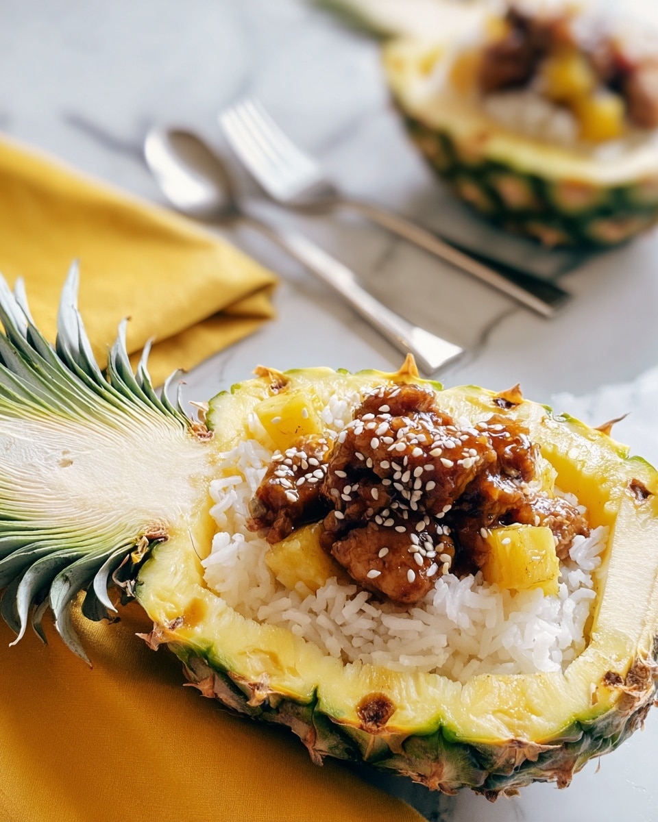 A dish served inside a pineapple shell cut in half, with two main layers visible: the bottom layer is white cooked rice, slightly fluffy, placed at the bottom center; above the rice is a layer of small cubed pieces of meat glazed in a sticky brown sauce, sprinkled with white sesame seeds. The pineapple shell has green spiky edges and a yellow fleshy interior. In the background, another half pineapple shell with a similar filling is slightly blurred next to a yellow cloth napkin with a silver fork and knife resting on it, all set on a white marbled surface. photo taken with an iphone --ar 4:5 --v 7