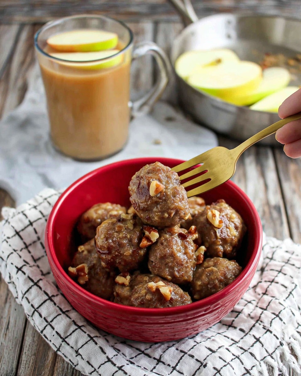 The image shows a red bowl full of round, brown meatballs with a rough texture, placed on a white and gray checkered cloth. Next to the bowl, there is a brown drink in a clear glass cup with a handle. Two apples are visible: one whole red apple and one sliced apple with light yellow inside and red outside. A white plate holds more meatballs, and part of a woman's hand is reaching towards the plate. The surface under everything is a white marbled texture. A gold-colored fork is also near the bowl. Photo taken with an iphone --ar 4:5 --v 7