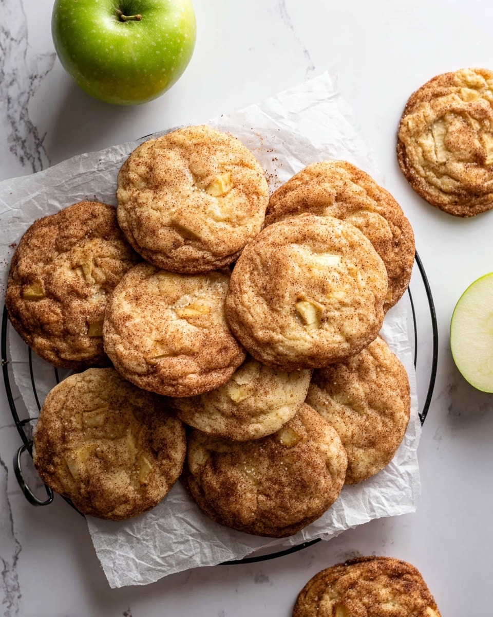 A white plate filled with around eight soft cookies, each cookie has a cracked surface showing a light beige dough sprinkled generously with cinnamon sugar. Some cookies reveal small chunks of pale yellow apples peeking out. The cinnamon sugar gives a slightly rough texture on top with darker brown specks. The cookies are stacked slightly on top of each other on a white marbled surface, with cinnamon sticks and a green apple blurred in the background. photo taken with an iphone --ar 4:5 --v 7