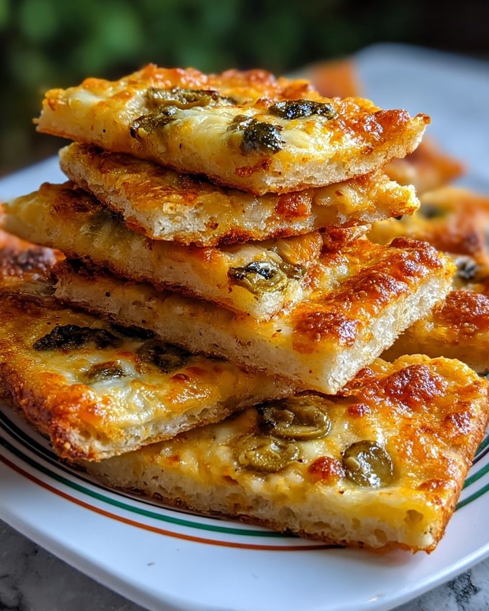 The image shows a stack of nine rectangular pizza slices on a white plate with green, orange, black, and white lines. Each slice has two layers: a light brown, crispy crust base with a slightly rough texture, and a top golden-yellow layer of melted cheese that looks bubbly and slightly browned with dark green olive pieces spread across the surface. The slices are stacked unevenly, showing the thickness of the cheese and crust layers clearly. The background is softly blurred with a hint of green and brown, and the surface beneath the plate has a white marbled texture. photo taken with an iphone --ar 4:5 --v 7