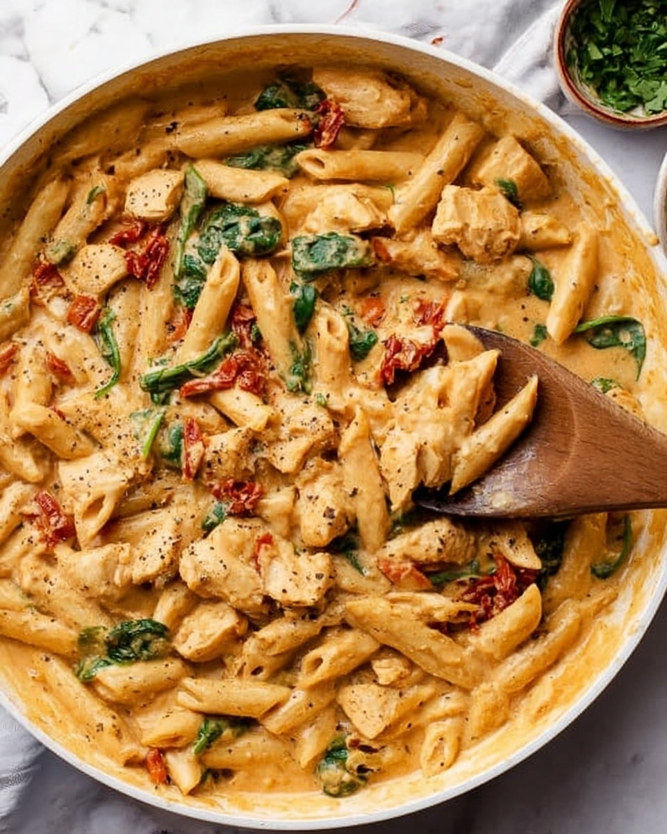 A white skillet filled with creamy pasta that has three visible layers: the bottom layer is a smooth, creamy yellow cheese sauce, the middle layer contains penne pasta with a slightly firm texture in light golden color, and the top layer features chunks of white chicken, small green spinach leaves, and bits of red sun-dried tomatoes scattered evenly. A wooden spoon rests inside the skillet, partially covered with sauce and pasta. The skillet sits on a white marbled surface with a small bowl of green herbs nearby, and a red cloth is partially visible at the edge. photo taken with an iphone --ar 4:5 --v 7