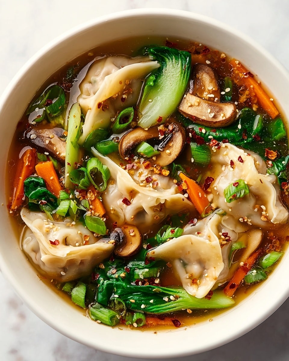 The image shows a white bowl filled with clear broth as the base layer, topped with light beige dumplings that have soft, curved edges and pleated folds. On top and between the dumplings are dark brown sautéed mushrooms with a slightly glossy texture, bright orange carrot sticks, and vibrant green bok choy leaves and chopped green onions scattered throughout. Small white sesame seeds and red chili flakes add specks of texture and color. The scene is set on a white marbled surface. Photo taken with an iphone --ar 4:5 --v 7