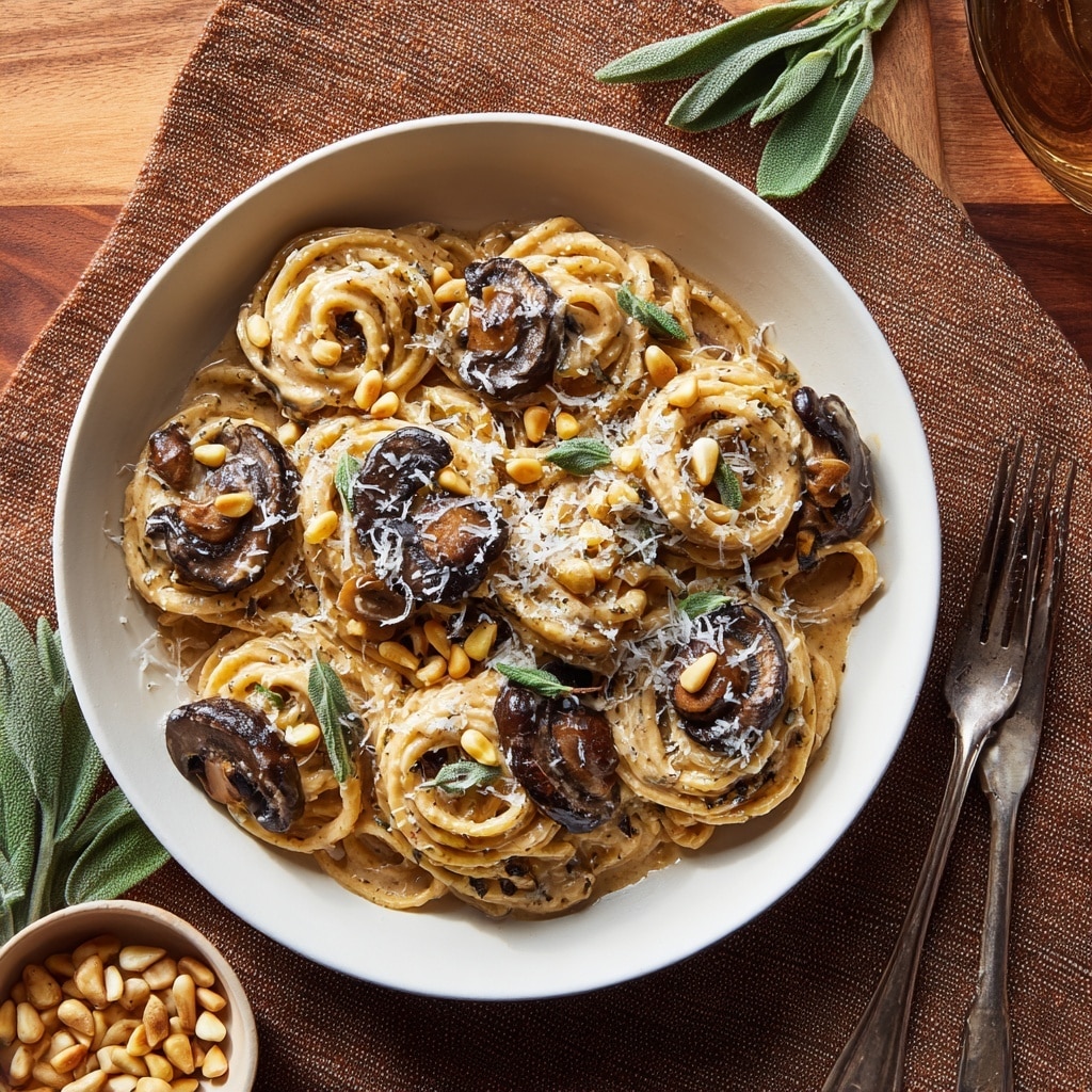 A white shallow bowl filled with creamy fettuccine pasta mixed with sliced brown mushrooms and bits of cooked meat, all coated in a light beige sauce. On top, a few fresh sage leaves are placed as garnish. A silver fork rests in the bowl, positioned near the edge of the pasta. The bowl is set on a white marbled surface with a small bowl of grated cheese visible in the upper right corner. Photo taken with an iphone --ar 4:5 --v 7