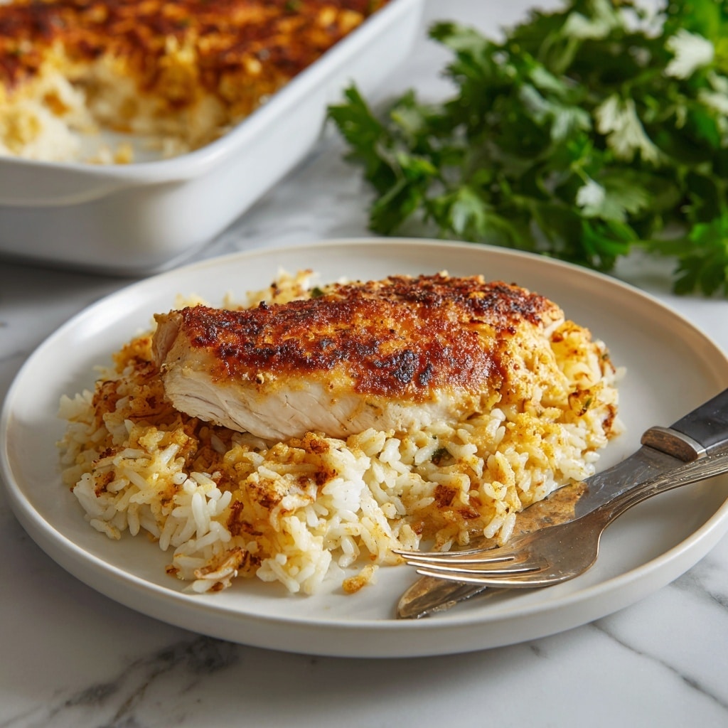 The image shows a white plate filled with a layer of cooked rice that has a golden, crispy top section, giving a textured contrast between soft and crunchy parts. The layer of rice appears creamy with specks of browned bits, indicating it was baked or cooked to form a crust. A fork and a knife rest on the bottom right edge of the plate. The plate is placed on a white marbled surface, and part of a white baking dish filled with more rice can be seen in the upper left corner. There is also a bunch of green leafy herbs on the right side in the background. photo taken with an iphone --ar 4:5 --v 7