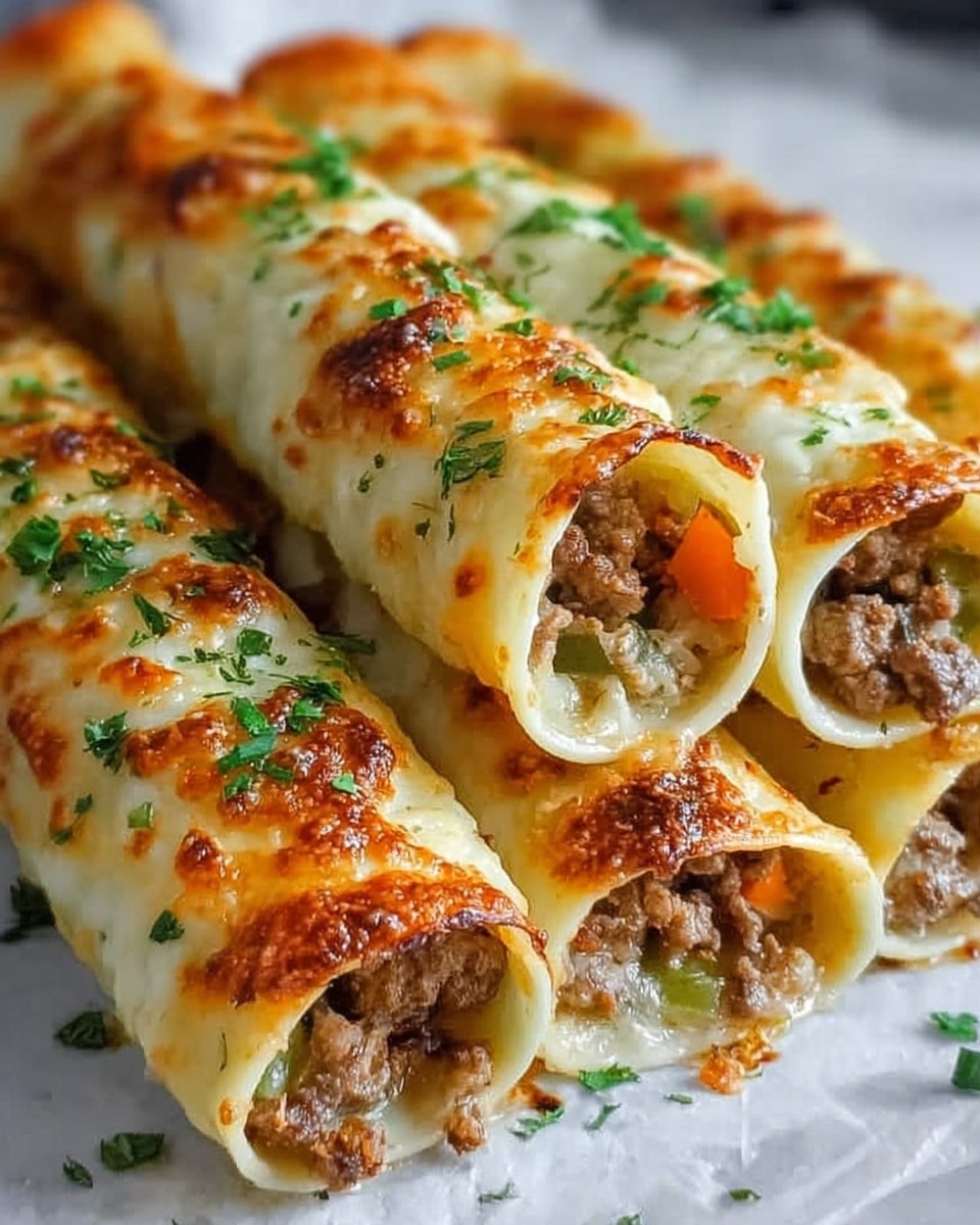 Three stuffed pasta rolls are placed on a white plate over a white marbled surface. Each roll shows a soft, light yellow pasta layer that is browned and slightly crispy on top. Inside, there is a dark brown meat filling mixed with melted orange cheese visible at the open ends. The rolls are sprinkled with fresh green chopped herbs. The focus is close up, highlighting the texture of the meat, cheese, and browned pasta. Photo taken with an iphone --ar 4:5 --v 7