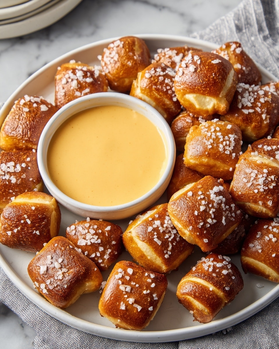 A white plate filled with about thirty golden-brown pretzel bites sprinkled with coarse salt, arranged in a loose circle around a small white bowl of creamy, light brown cheese sauce in the center. One pretzel bite is dipped slightly into the cheese sauce. A few pretzel bites are also scattered on the white marbled surface around the plate. Near the bottom right corner, there is a small white sauce dish filled with grainy mustard. At the top left corner, a red and white checkered cloth sits on the white marbled surface with a broken pretzel bite resting on it. photo taken with an iphone --ar 4:5 --v 7