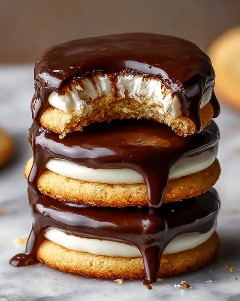 The image shows multiple sandwich cookies arranged on parchment paper on a white marbled surface. Each cookie has three layers: a bottom light golden-brown soft cookie base with a slightly crumbly texture, a thick middle layer of white creamy filling that looks smooth and fluffy, and a top layer of shiny dark chocolate ganache with a glossy finish and three thin stripes of chocolate drizzle. The cookies are round and appear soft with the chocolate topping gently covering the middle layer, creating a rich contrast of colors and textures. photo taken with an iphone --ar 4:5 --v 7