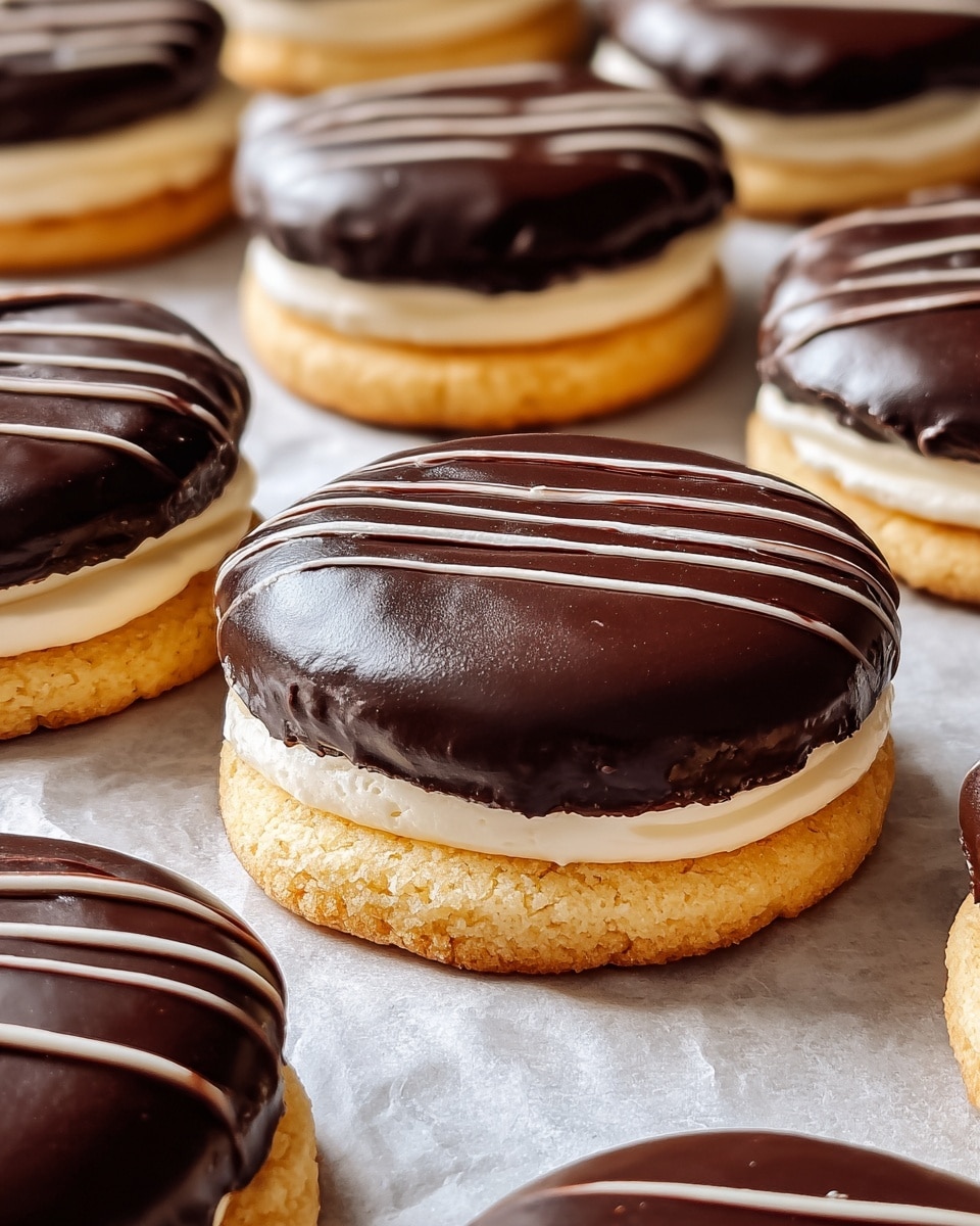 A stack of three round cookies sits on a white marbled surface. Each cookie has three clear layers: a light golden-brown base layer with a slightly crumbly texture, a middle layer of smooth white cream, and a top layer of thick, shiny dark chocolate ganache that drips down the sides. The top cookie has a bite taken out, showing the creamy white filling inside, and the chocolate on top reflects light softly, giving it a rich, glossy look. The overall image is sharp with a soft blurred background. Photo taken with an iphone --ar 4:5 --v 7