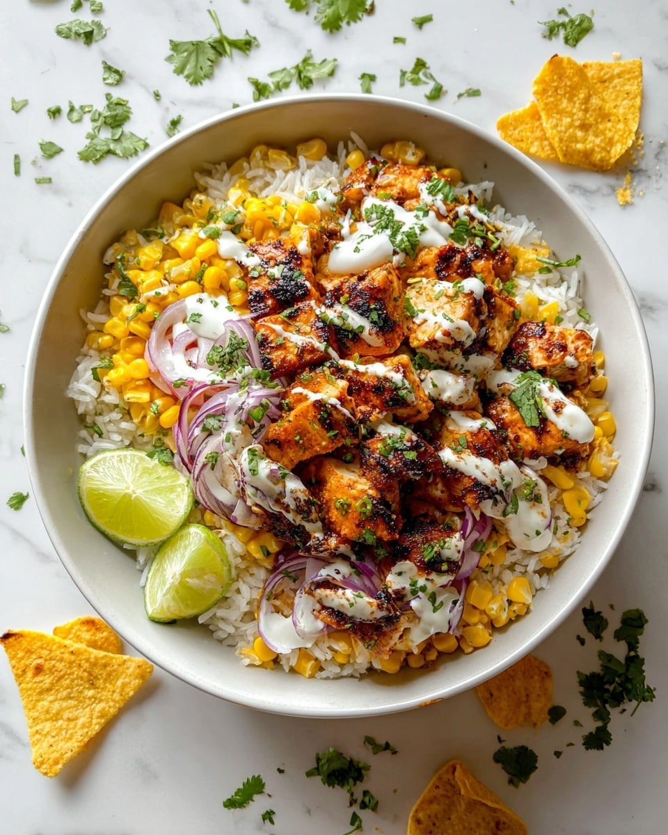 The image shows a white bowl filled with layers of food on a white marbled surface. The bottom layer is fluffy white rice mixed with yellow corn kernels. On top of this is a layer of grilled chicken pieces with a charred, golden-brown texture. Thin slices of purple onion are scattered among the chicken, adding a touch of color. The dish is garnished with chopped green cilantro and drizzled with a light white sauce. Two lime wedges sit on the side inside the bowl. Around the bowl, green cilantro leaves and broken pieces of yellow tortilla chips are scattered lightly. Photo taken with an iphone --ar 4:5 --v 7