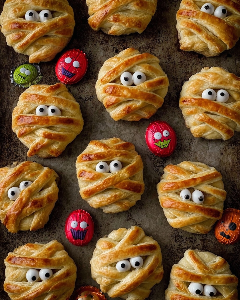A close-up image of a layered golden brown pastry being pulled apart by two hands, revealing a smooth, white creamy filling inside; in the blurry background, several small round pastries decorated like mummies with golden brown strips and candy eyes sit on a white marbled textured surface, with a red candy piece featuring a jack-o-lantern face visible. photo taken with an iphone --ar 4:5 --v 7