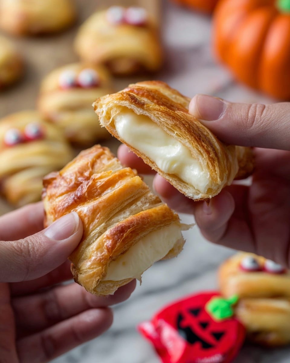 The image shows round mummy-shaped pastries arranged on a dark baking tray. Each pastry has golden brown, crisscrossed strips of flaky crust wrapped around the center, leaving two small white candy eyes visible, giving them a cute mummy appearance. Scattered among the pastries are small, red wax-covered Babybel cheese rounds with Halloween-themed faces printed on them in colors like gray, green, and orange. The overall look is playful and festive with the pastries and cheese rounds placed close together on the textured baking sheet. Photo taken with an iphone --ar 4:5 --v 7
