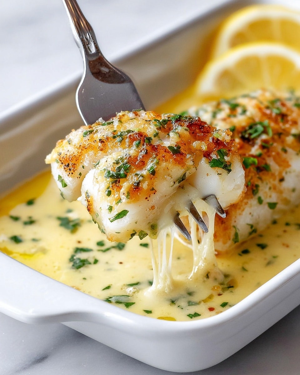 A close-up view of a piece of white fish with a golden-brown top layer and sprinkled green herbs being held by a silver fork above a white dish with creamy yellow sauce containing small green herb pieces and lemon slices on the side. The fish has a moist and flaky texture, with some melted cheese stretching down into the sauce below. The white dish rests on a white marbled surface. Photo taken with an iphone --ar 4:5 --v 7