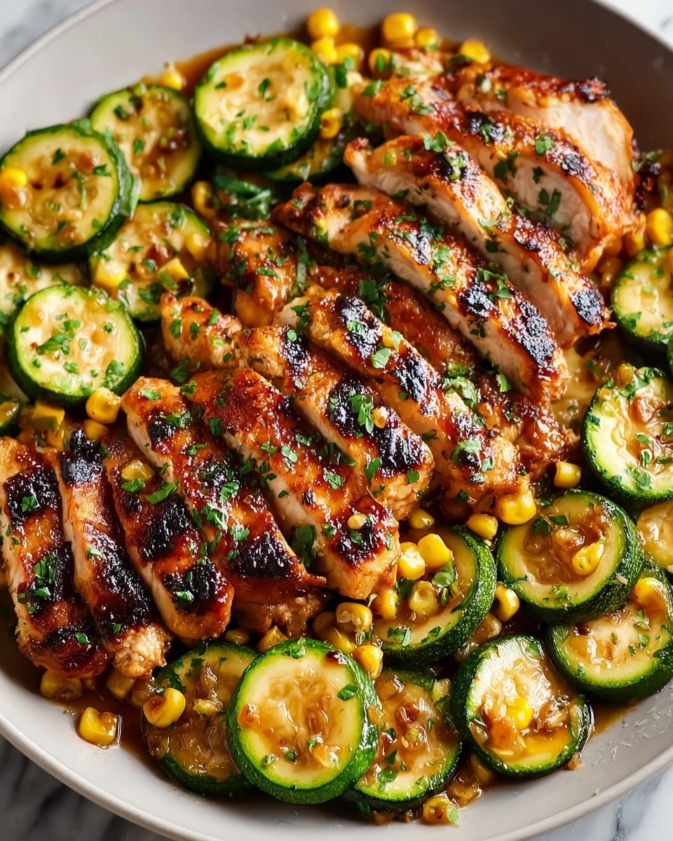 The image shows a close-up of grilled chicken that is sliced into thick, juicy pieces with a golden-brown, slightly charred surface. The chicken is spread across the middle part of the white plate, covered lightly with chopped green herbs. Surrounding the chicken are round slices of cooked zucchini, slightly browned with a soft texture, mixed with bright yellow corn kernels that add small pops of color. The vegetables are placed mostly on the bottom and right edges of the plate, with a light glaze giving them a shiny, cooked appearance. The entire dish sits on a white marbled surface. photo taken with an iphone --ar 4:5 --v 7
