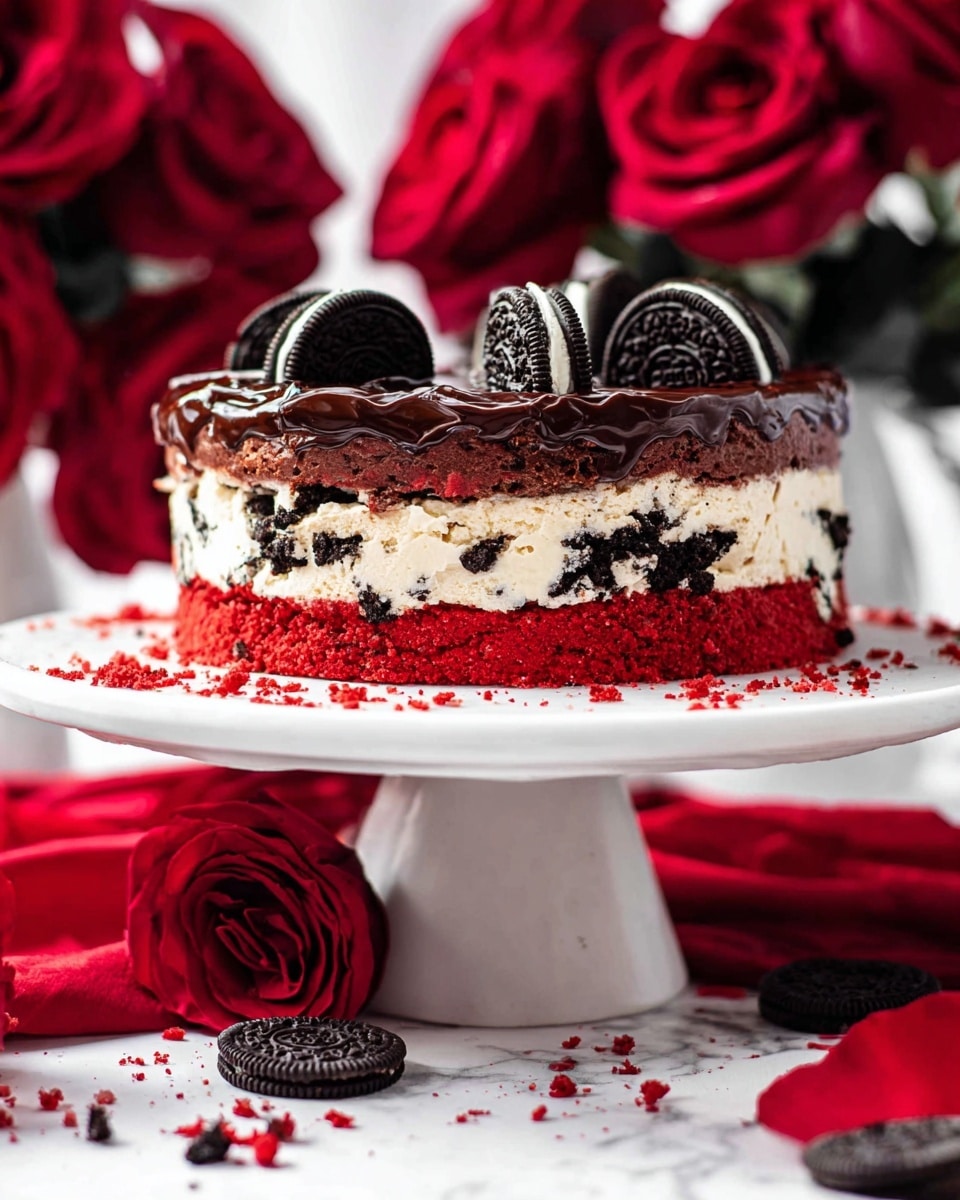 The image shows a slice of layered dessert on a white plate sitting on a white marbled surface. The bottom layer is a bright red, dense cake. Above that is a thick, creamy layer mixed with crushed black and white cookie pieces giving it a textured, speckled look. On top of this is a smooth, glossy dark chocolate ganache layer that is rich and shiny. The top is decorated with several halved black-and-white sandwich cookies arranged in a neat pile. To the right of the plate, part of a silver spoon is visible. The background is softly blurred with hints of green and red colors. Photo taken with an iphone --ar 4:5 --v 7