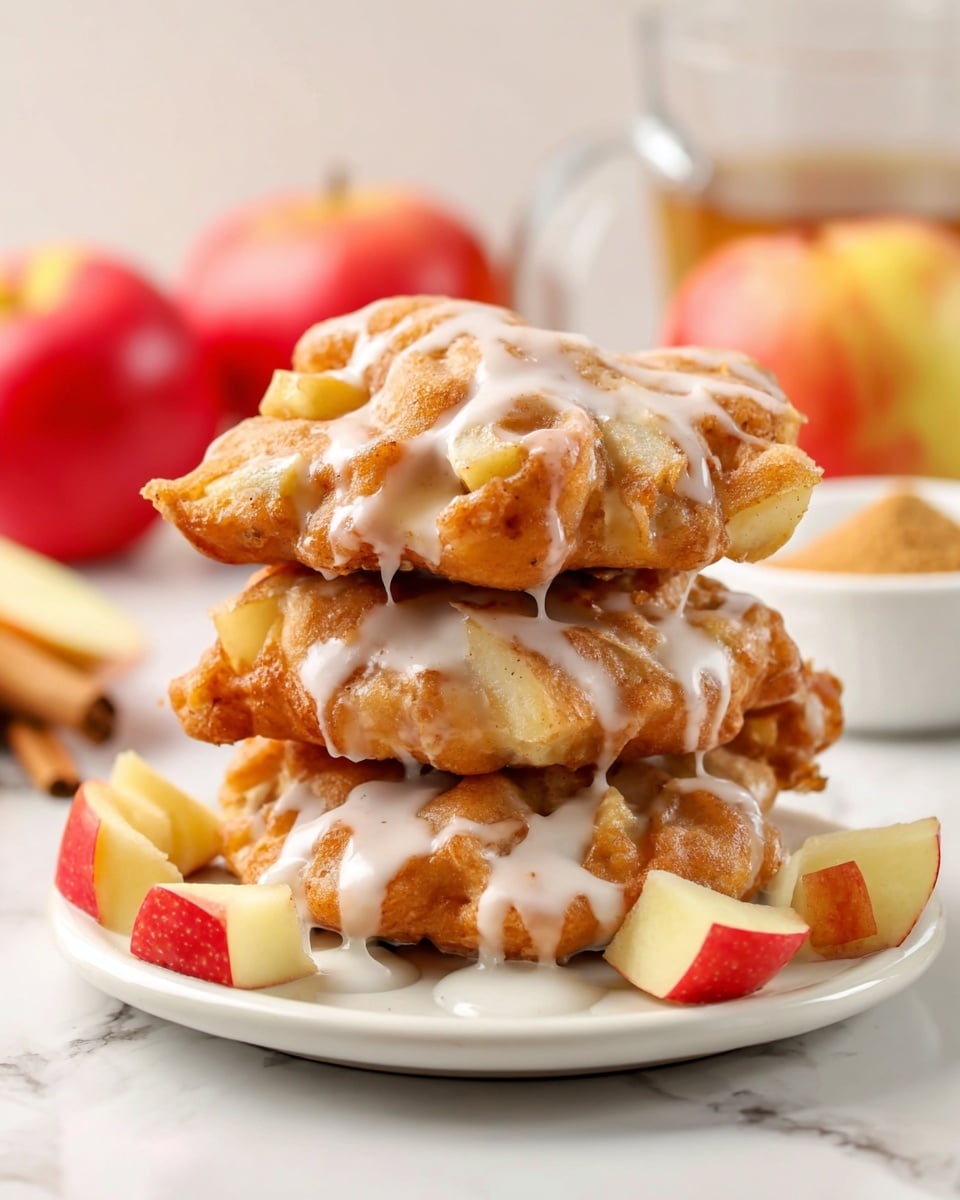 A stack of three thick, golden-brown apple fritters sits in the center of a white plate, each fritter unevenly shaped with a rough, bumpy surface and drizzled generously with smooth white glaze that pools slightly between the layers. Small, soft pieces of apple are visible inside the fritters, adding texture and color contrast. Around the plate are a few small, fresh apple chunks with red and pale yellow skin. In the background, there are two whole red apples, a small white bowl filled with light brown sugar, and a blurry glass, all set on a white marbled surface. photo taken with an iphone --ar 4:5 --v 7