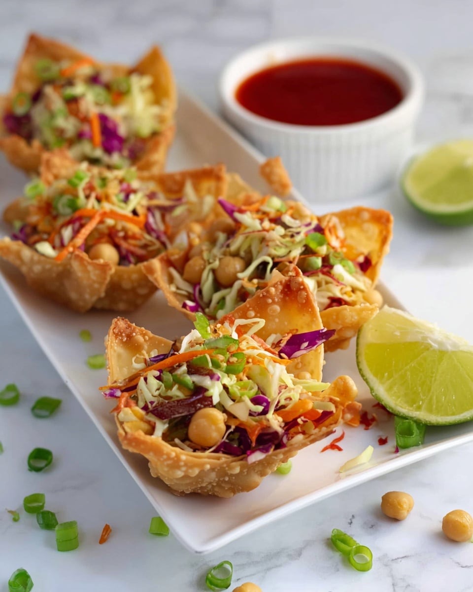 A white plate with several small tacos lined up, each taco made of a golden-brown soft shell filled with three visible layers: the bottom layer is cooked meat pieces, the middle layer is a crunchy colorful slaw mix of purple cabbage, shredded carrots, and light green cabbage, topped with small sesame seeds and chopped green onions. A slice of lime and scattered green onion pieces are placed around the plate. A woman's hand with light-colored nail polish holds one taco above the plate, showing the layers clearly against a white marbled background. Photo taken with an iphone --ar 4:5 --v 7