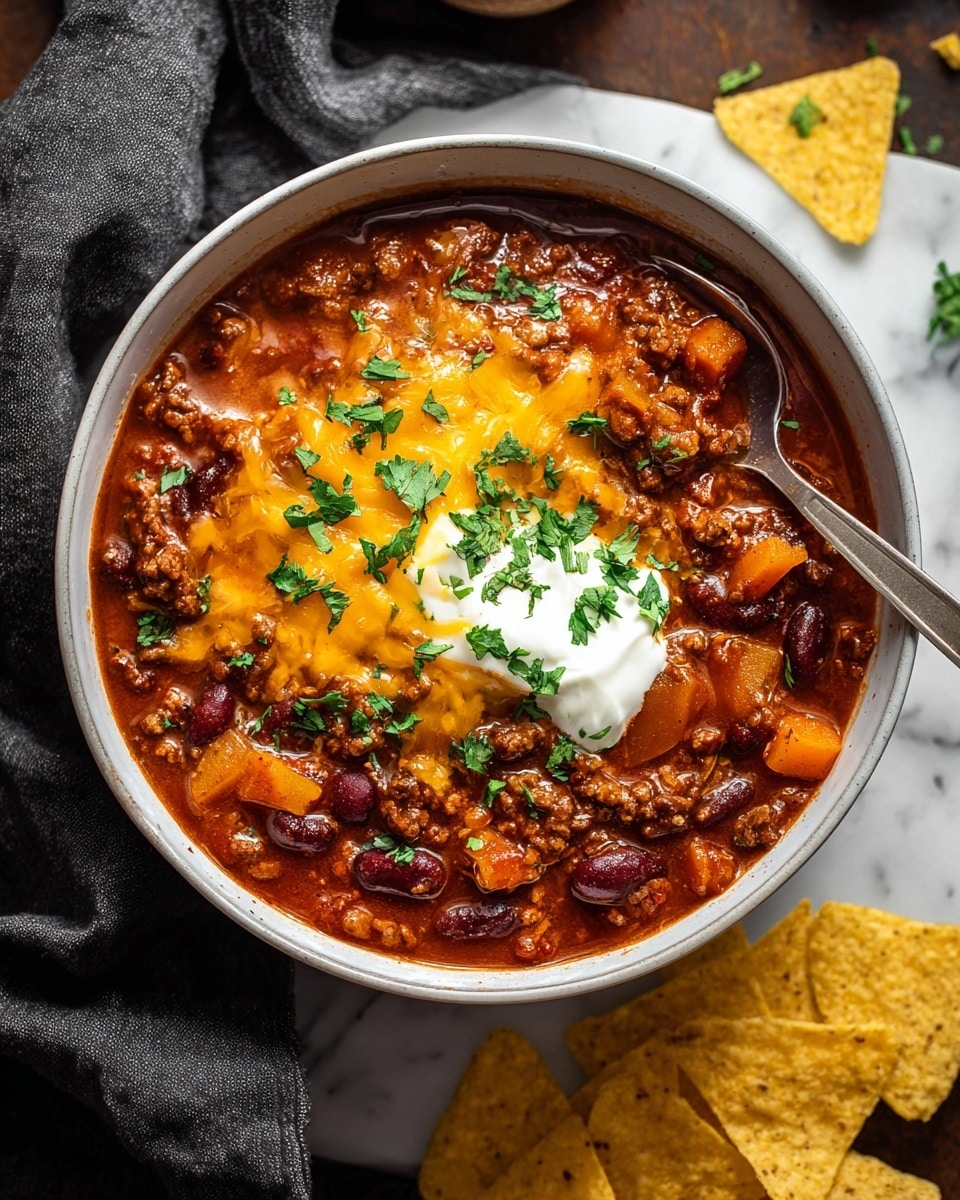 A white bowl filled with thick chili, showing layers of brown cooked meat and beans mixed with some red and orange vegetable pieces. On top, two triangular yellow corn chips stand upright, partially buried in the chili. A dollop of white sour cream rests in the center, sprinkled with small green chopped herbs. The bowl sits on a black wire rack placed over a white marbled surface with a gray and white striped cloth partially visible. In the background, a wooden bowl full of bright green chopped herbs is on the right, with part of another white bowl of chili slightly out of focus on the top left. A metal spoon is in the front bowl, leaning on the edge. Photo taken with an iphone --ar 4:5 --v 7