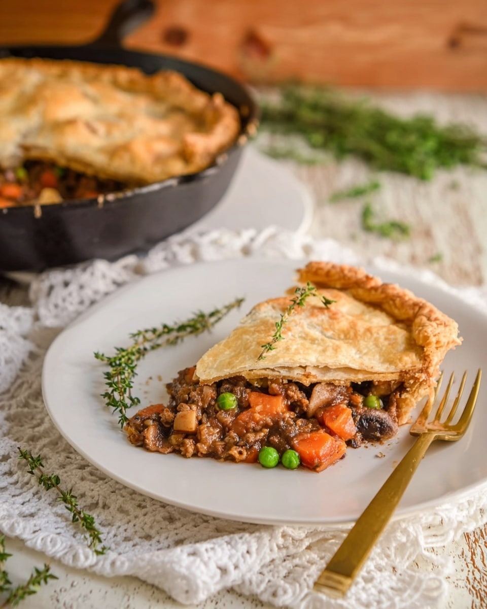 A white plate holds a single slice of meat and vegetable pie with two layers: the bottom layer is a moist, chunky filling of brown ground meat mixed with pieces of orange carrots, green peas, and dark brown mushrooms; the top layer is a light golden, flaky pie crust with a slightly browned surface and a small star-shaped crust piece on the side. Fresh green thyme sprigs lie on the plate beside the pie, and a gold fork rests next to the slice. In the background, there is a black cast iron skillet with the rest of the pie. The scene is set on a wooden table with a white marbled textured surface and a piece of white lace cloth underneath the plate, with some green herbs slightly blurred behind the pie. Photo taken with an iphone --ar 4:5 --v 7
