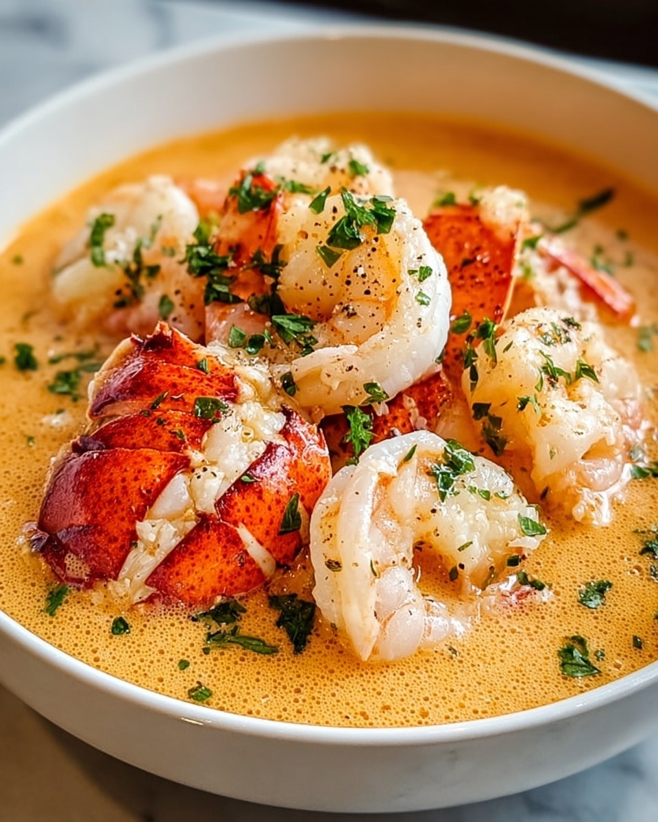 A white bowl filled with creamy orange soup is shown, with several plump pink and white shrimp and red lobster pieces sitting on top. The soup has a soft, smooth texture with a little swirl of cream visible in the middle. Small green parsley leaves and black pepper are scattered over the dish, adding touches of color and texture. A silver spoon rests inside the bowl on the right side. The bowl is placed on a white marbled surface, and part of another bowl with similar soup and a white plate with a torn piece of bread can be seen nearby. Photo taken with an iphone --ar 4:5 --v 7