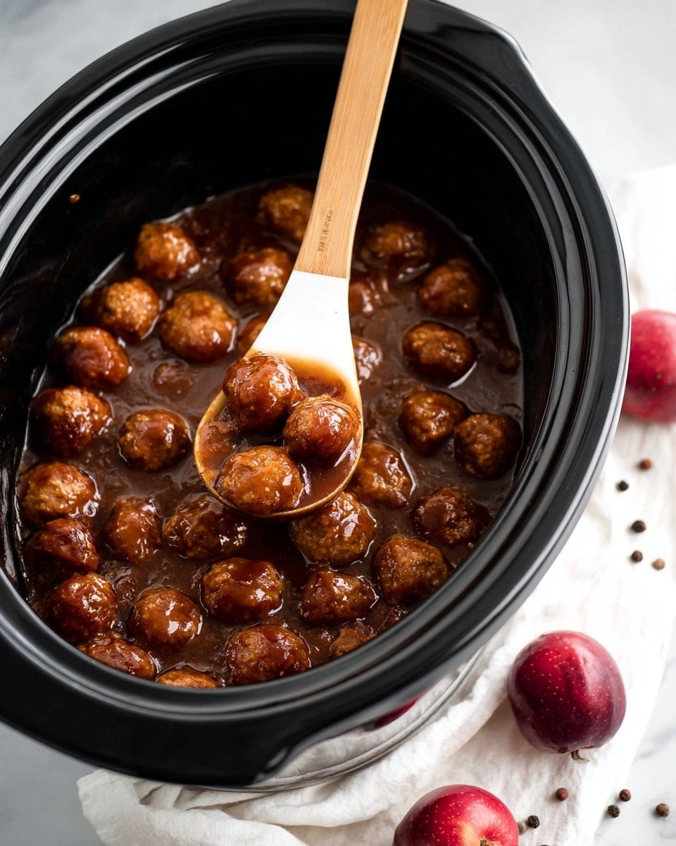 The image shows a large white plate with a black rim filled with many brown meatballs covered in a red sauce, sprinkled with small green herb bits, mostly piled on the right side and leaving some sauce smeared on the left side. Two wooden skewers rest on the plate under a few meatballs. Surrounding the plate are four small white bowls, each filled with similar meatballs and herbs. To the left of the plate is a red apple and several scattered wooden toothpicks over a white marbled surface. A white cloth napkin is placed under and around the plate. Photo taken with an iphone --ar 4:5 --v 7