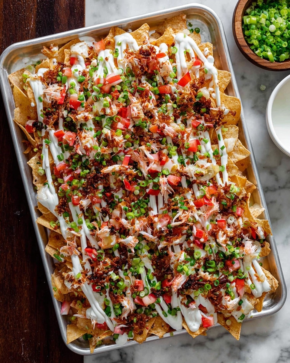 A close-up view of a dish with three layers: the bottom layer has lightly browned, crispy chips, the middle layer is made up of white and red chunks of crab meat mixed with small browned bits, and the top layer is scattered pieces of bright green chopped spring onions. A woman's hand with black nail polish is pouring a glossy, reddish-brown sauce over the top, which adds a shiny texture and rich color contrast. The dish is set on a white marbled surface. photo taken with an iphone --ar 4:5 --v 7