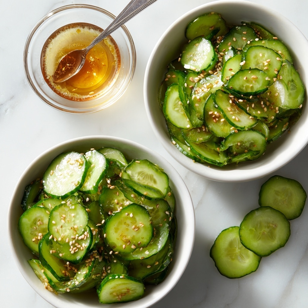 A small white bowl filled with a fresh cucumber salad piled high with thinly sliced, glossy green cucumber rounds mixed with dark green seaweed strips, sprinkled with black and white sesame seeds scattered over the top. Two light wooden chopsticks with red patterns rest diagonally on the bowl’s edge, crossing each other. The bowl sits on a rustic wooden surface with visible texture, and the background is a soft white marbled texture. photo taken with an iphone --ar 4:5 --v 7