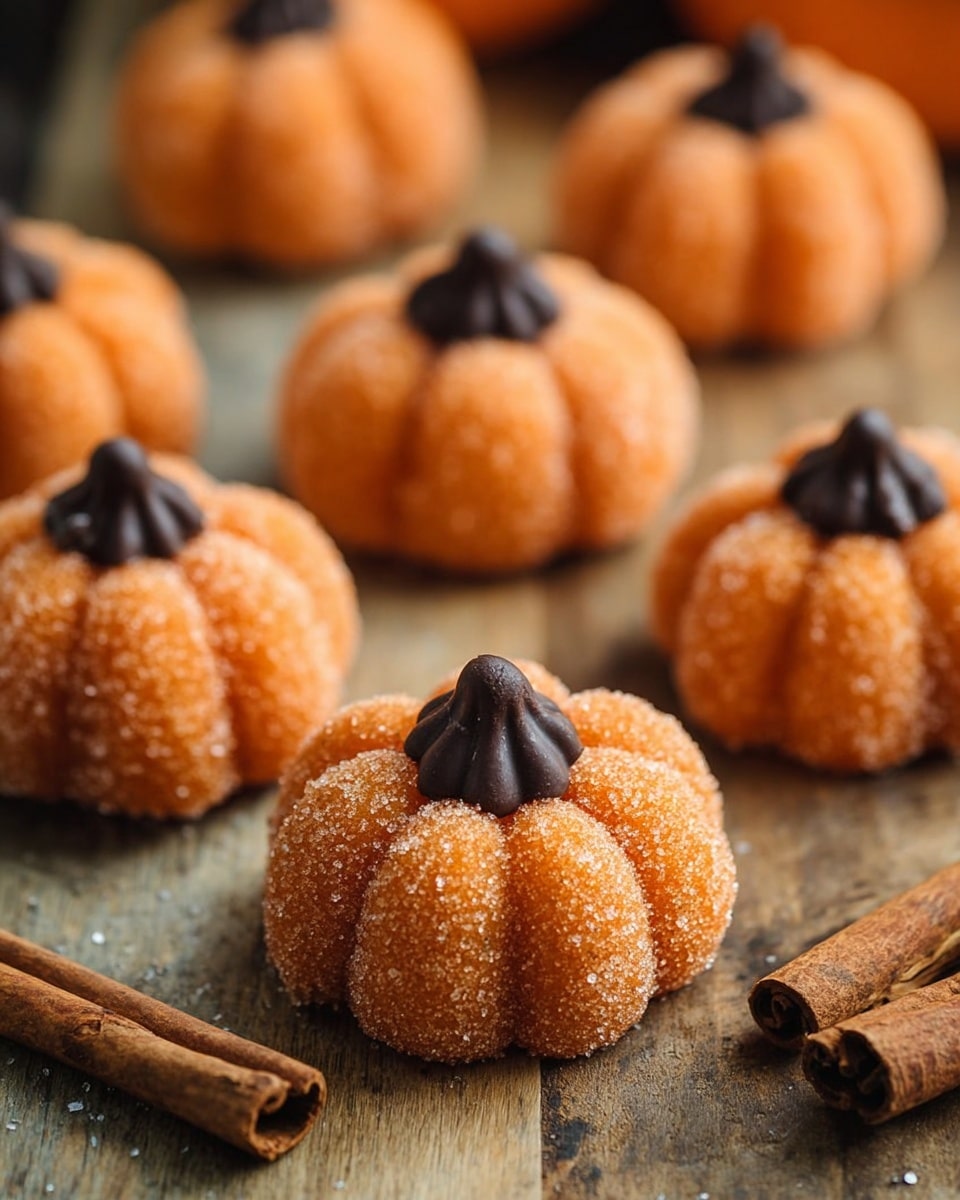 The image shows several small pumpkin-shaped treats arranged closely on a wooden surface. Each treat has a rounded, segmented body made of an orange, sugar-coated texture that looks slightly grainy. At the top center of each pumpkin-shaped treat, there is a small, smooth, dark brown chocolate piece that mimics a pumpkin stem. The treats are evenly spaced with clear grooves creating the ribs of the pumpkin. In the foreground, there are two cinnamon sticks placed diagonally, adding a rustic touch. The background is softly blurred, focusing attention on the pumpkins. photo taken with an iphone --ar 4:5 --v 7