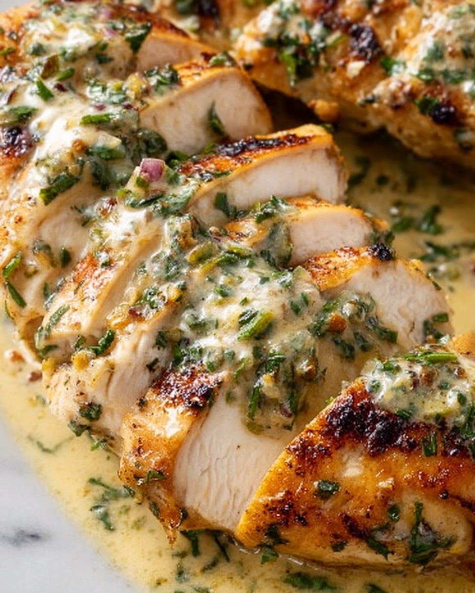 The close-up image shows several pieces of cooked chicken breast in a metal pan with a golden-brown crust on top. The chicken is sliced into thick, even strips revealing a juicy white inside. The pieces are glistening with a shiny sauce that has oil and small herbs like parsley and rosemary scattered across the chicken and pan. There are visible bits of cooked onion mixed with the sauce pooling around the chicken. The colors range from golden brown on the surface of the chicken to light pinkish white inside, with bright green herbs adding contrast. The whole dish looks warm, fresh, and flavorful. Photo taken with an iphone --ar 4:5 --v 7