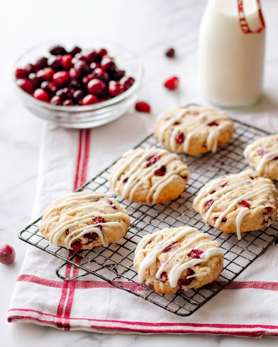 A stack of three round cookies sits in the center, with the top cookie broken in half showing a soft, light yellow inside dotted with bits of red fruit. The cookies have a light golden-brown color mixed with bright red fruit pieces and are covered with thin white icing drizzled over the top in random lines. Around the stack are more cookies spread out, all showing similar texture and icing. Some whole red berries are scattered nearby on the white marbled surface. To the right edge, part of a white cup and saucer with brown coffee are visible. photo taken with an iphone --ar 4:5 --v 7