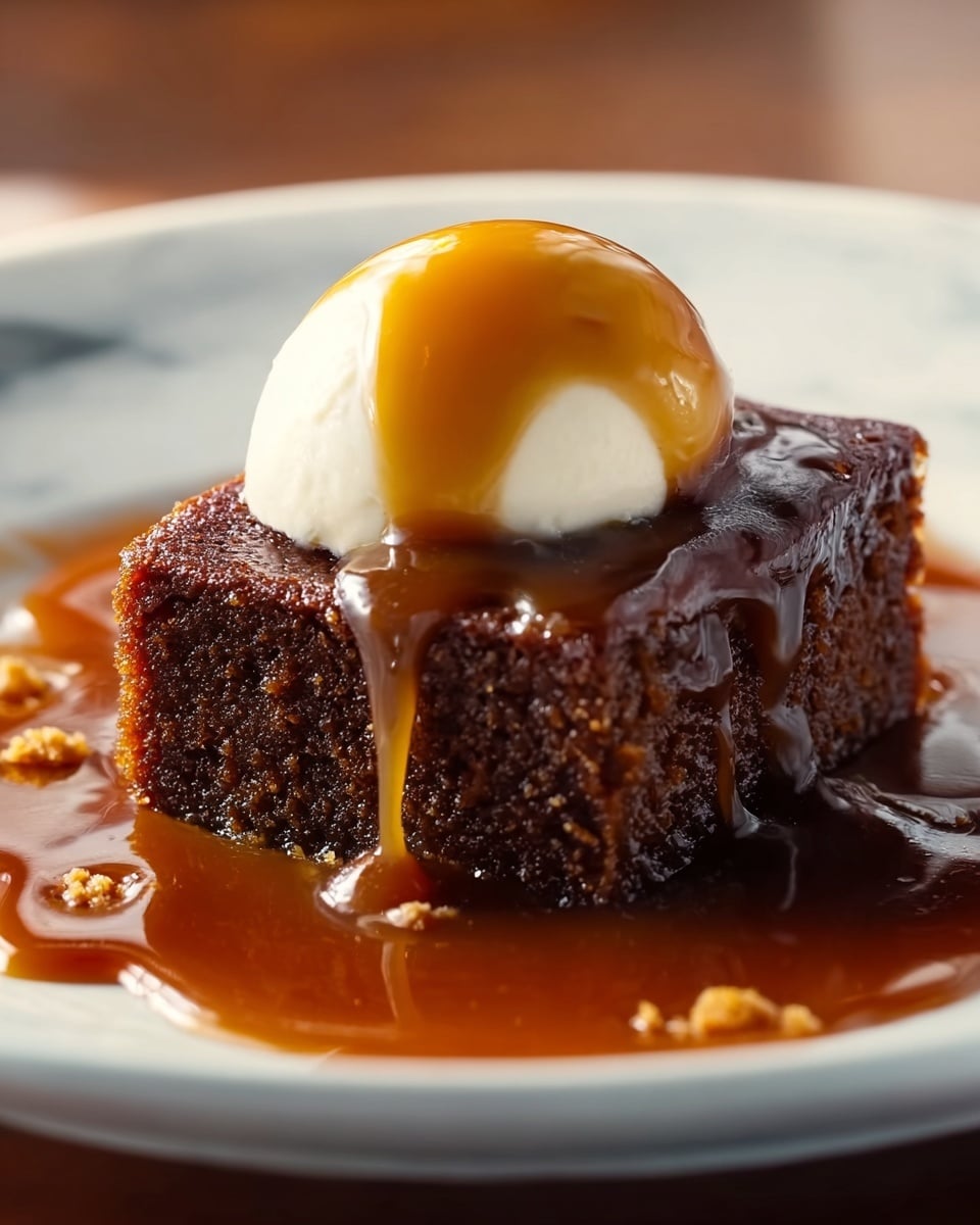 A close-up view of a single piece of dark brown sticky cake with a soft, moist texture and small crumb bits, sitting in a pool of shiny caramel sauce on a white plate. The cake is coated with a thick layer of smooth, glossy caramel sauce that drips down the sides and collects on the plate, catching light to show its rich texture. The background is softly blurred with warm tones and light, resting on a white marbled surface. photo taken with an iphone --ar 4:5 --v 7