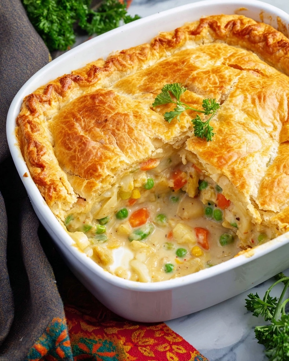 A white baking dish holds a golden brown, crispy, and slightly flaky top crust covering a creamy mixture inside, visible where a piece has been removed. The filling contains white chunks of chicken, bright green peas, and small orange carrot cubes mixed in a thick white sauce with specks of black pepper. The white marbled surface beneath the dish has some small green parsley sprigs and a colorful cloth napkin next to it. photo taken with an iphone --ar 4:5 --v 7
