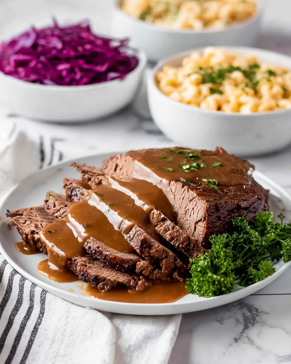 The dish shows a white round plate filled with six slices of brown roast beef covered in a thick, shiny brown gravy, sprinkled with small green herb pieces. The beef slices have a tender texture with some shredded parts visible underneath. In the background, there are two white bowls; one filled with bright purple shredded cabbage on the left side and the other with pale yellow egg noodles on the right. The setting is on a white marbled surface with a white cloth napkin featuring thin black stripes on the right side, and silver cutlery partially visible at the bottom left corner. Photo taken with an iphone --ar 4:5 --v 7