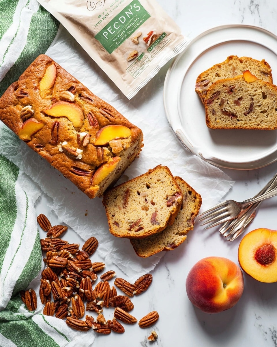 The image shows a loaf of golden-brown cake with visible nut pieces and peach slices on top, placed on a white parchment paper. Two slices are cut from the loaf and laid flat showing a light, moist interior with nuts and peach chunks inside. Next to the cake is a scattered pile of brown pecans, some still in their shells. There are two whole peaches, one whole and one cut in half, showing bright orange and red colors. A white plate with a slice of the cake sits on a white marbled surface, with two silver forks nearby. A green and white striped cloth adds a splash of color to the scene. photo taken with an iphone --ar 4:5 --v 7