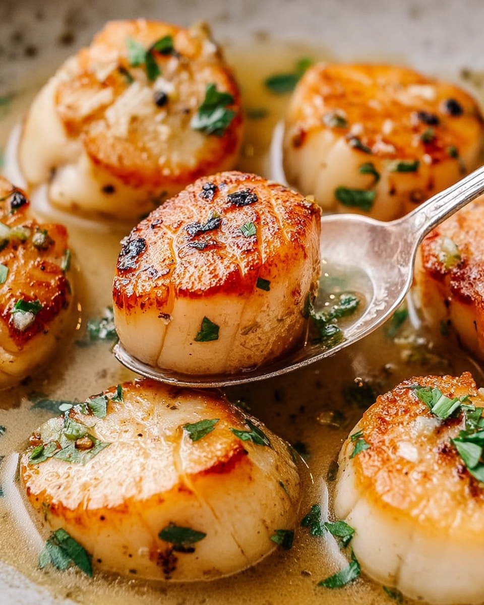 The image shows several golden-brown seared scallops sitting in a light brown buttery sauce. Each scallop has a slightly crispy top with small dark grill marks and is sprinkled with chopped green herbs. One scallop is being lifted by a silver spoon, showing its round shape and soft white inside. The background is a white marbled texture that contrasts with the warm tones of the scallops and sauce. photo taken with an iphone --ar 4:5 --v 7