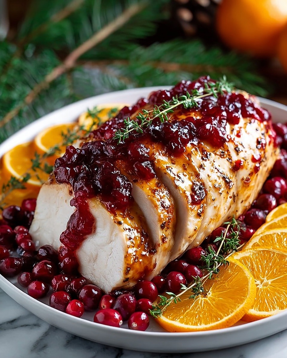 The image shows a white plate with a large cooked turkey breast sliced partially on one side. The turkey breast has a golden brown glazed surface covered with a shiny red cranberry sauce, with whole cranberries spread around the base of the meat. On top of the turkey breast are sprigs of fresh green thyme. Around the edge of the plate, there are several bright orange slices with a smooth texture, adding a pop of color. The background is a white marbled texture with some blurred green pine branches and an out-of-focus orange fruit in the background. photo taken with an iphone --ar 4:5 --v 7