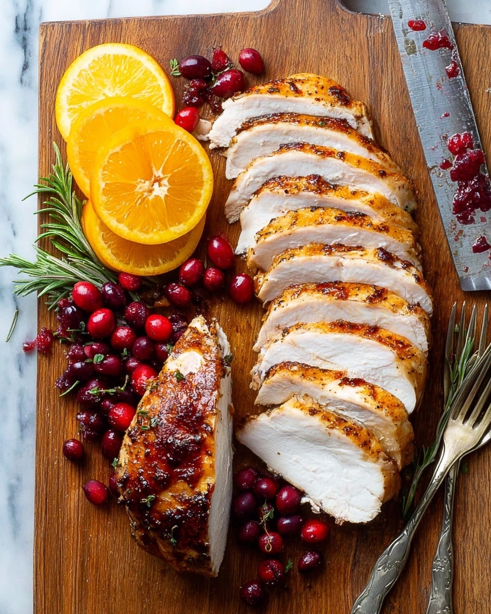 A wooden cutting board holds a sliced roasted turkey breast with a golden brown, slightly crispy skin and white juicy meat inside, arranged in a neat row on the right side. On the left side, there are three orange wedges with bright yellow-orange flesh and several clusters of glossy red cranberries. Green rosemary sprigs add a fresh touch and are placed among the cranberries and orange wedges. A large knife with bits of cranberry rests at the top right corner, and a two-pronged silver fork is at the bottom right corner. The background is a white marbled texture. Photo taken with an iphone --ar 4:5 --v 7