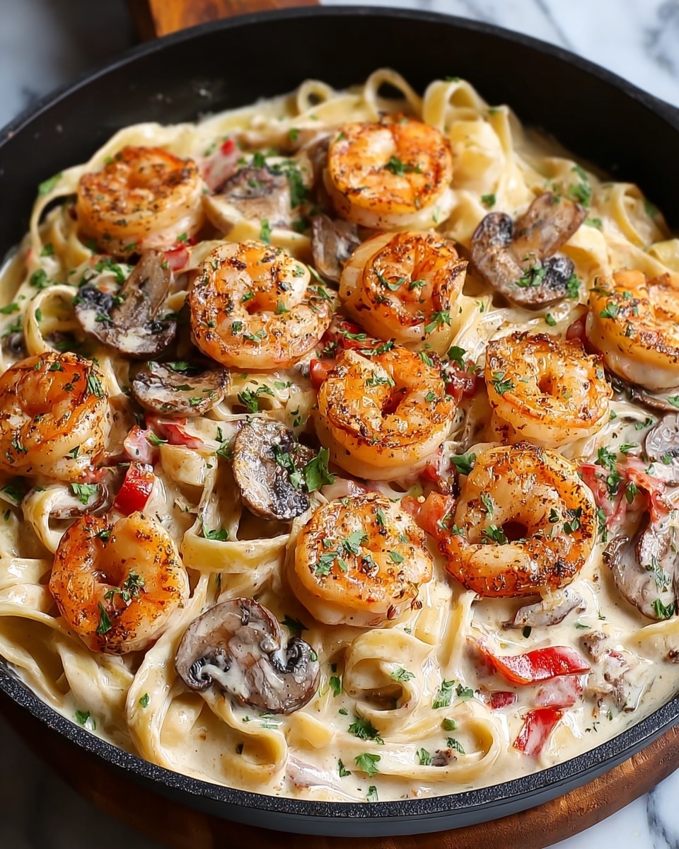 The image shows a close-up of a black pan filled with creamy fettuccine pasta as the base layer, coated in a rich white cream sauce. On top of the pasta, there are grilled shrimp scattered throughout, their orange-pink shells speckled with black pepper and small green herbs. Alongside the shrimp are brown, sliced mushrooms, some with a glossy texture from the cream sauce. Small pieces of red bell pepper add a pop of color in between the shrimp and mushrooms. The dish is garnished with chopped green parsley sprinkled across the top. The pan is set on a smooth white marbled surface. photo taken with an iphone --ar 4:5 --v 7