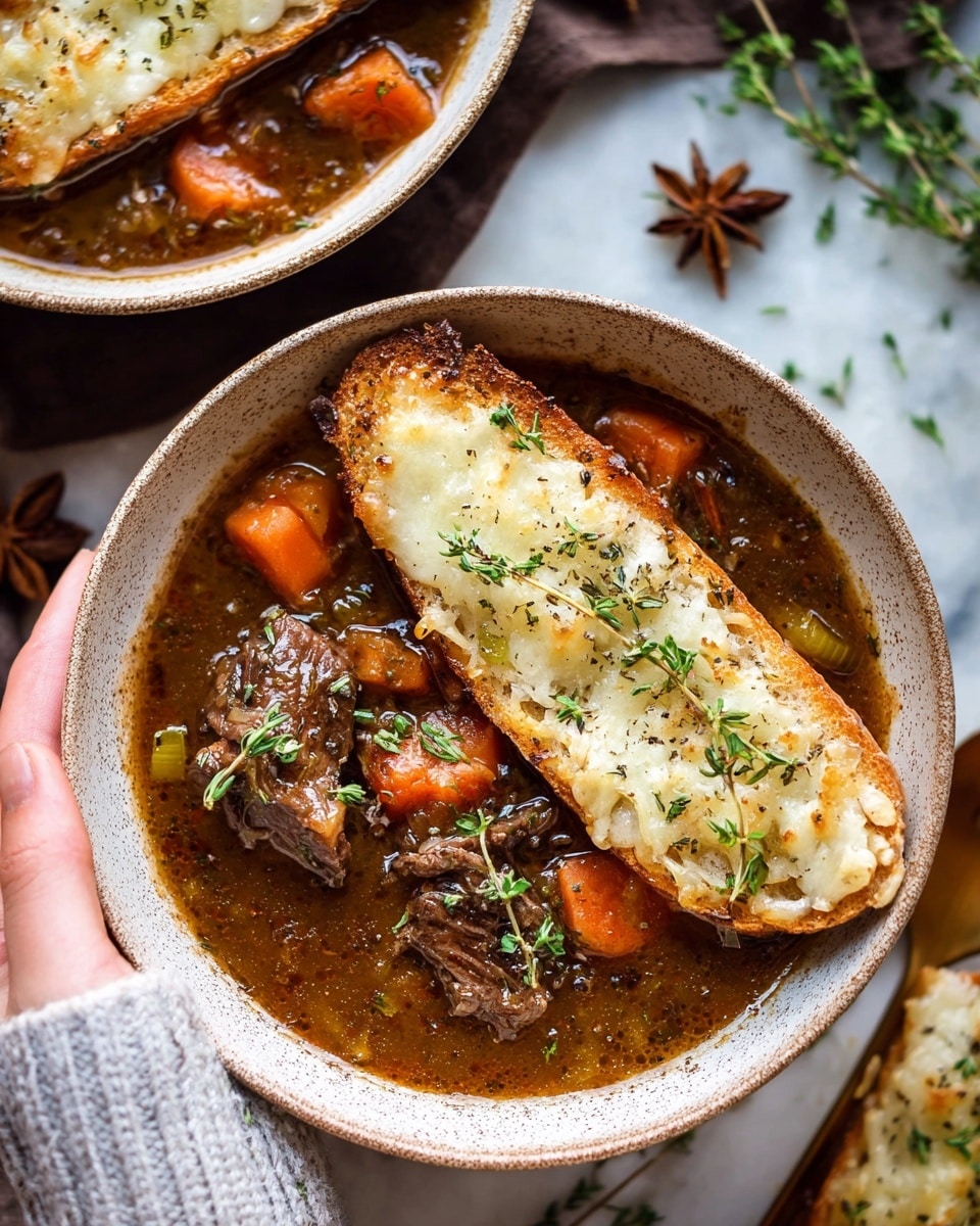 The image shows a rustic brown bowl filled with a rich beef stew. The stew has chunks of tender, dark brown beef, orange carrot pieces, and translucent onion bits, all in a thick brown broth speckled with herbs. Two slices of toasted white bread float on top, each covered with a melted layer of creamy yellow cheese and garnished with small green sprigs of thyme. The bowl is placed on a white marbled surface, highlighting the deep colors of the stew and the bright bread and cheese. Photo taken with an iphone --ar 4:5 --v 7